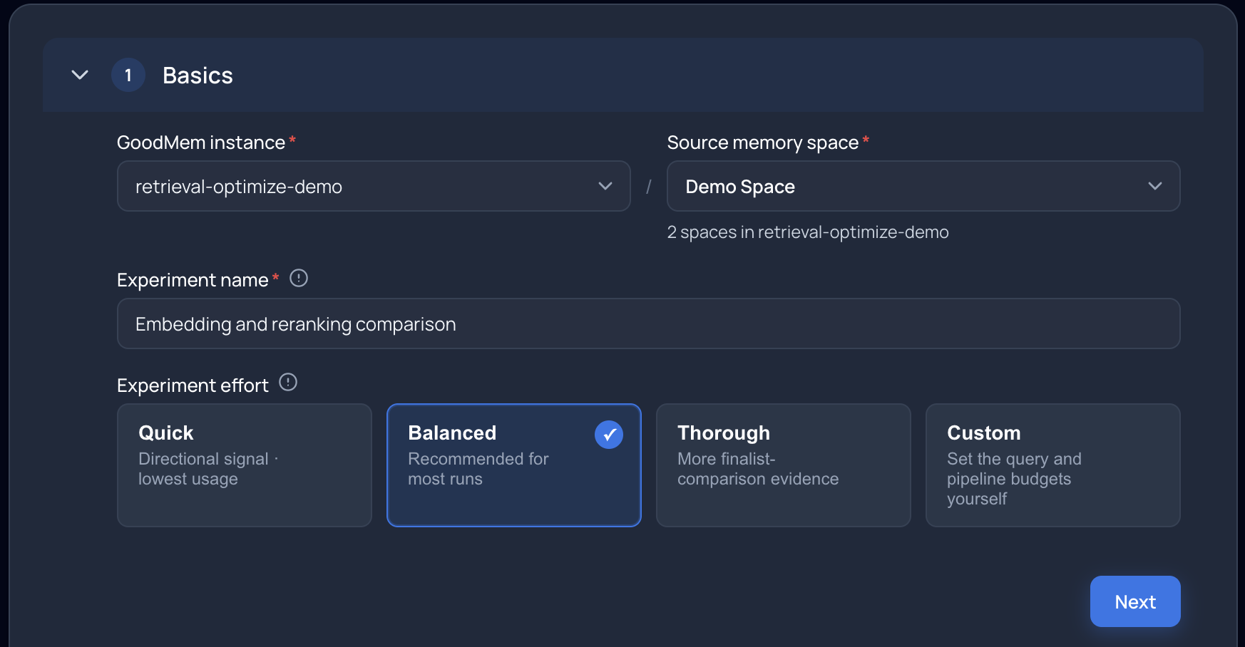 Experiment basics with a source memory space and Balanced effort selected
