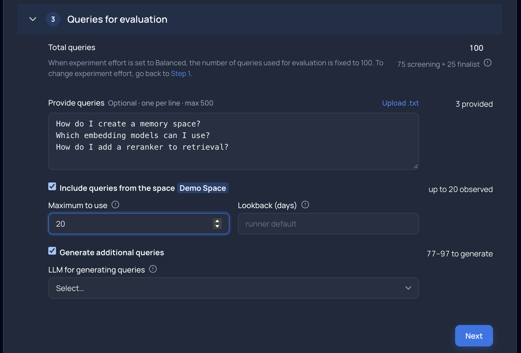 A 100-query target using three provided queries, up to 20 observed queries, and generated queries