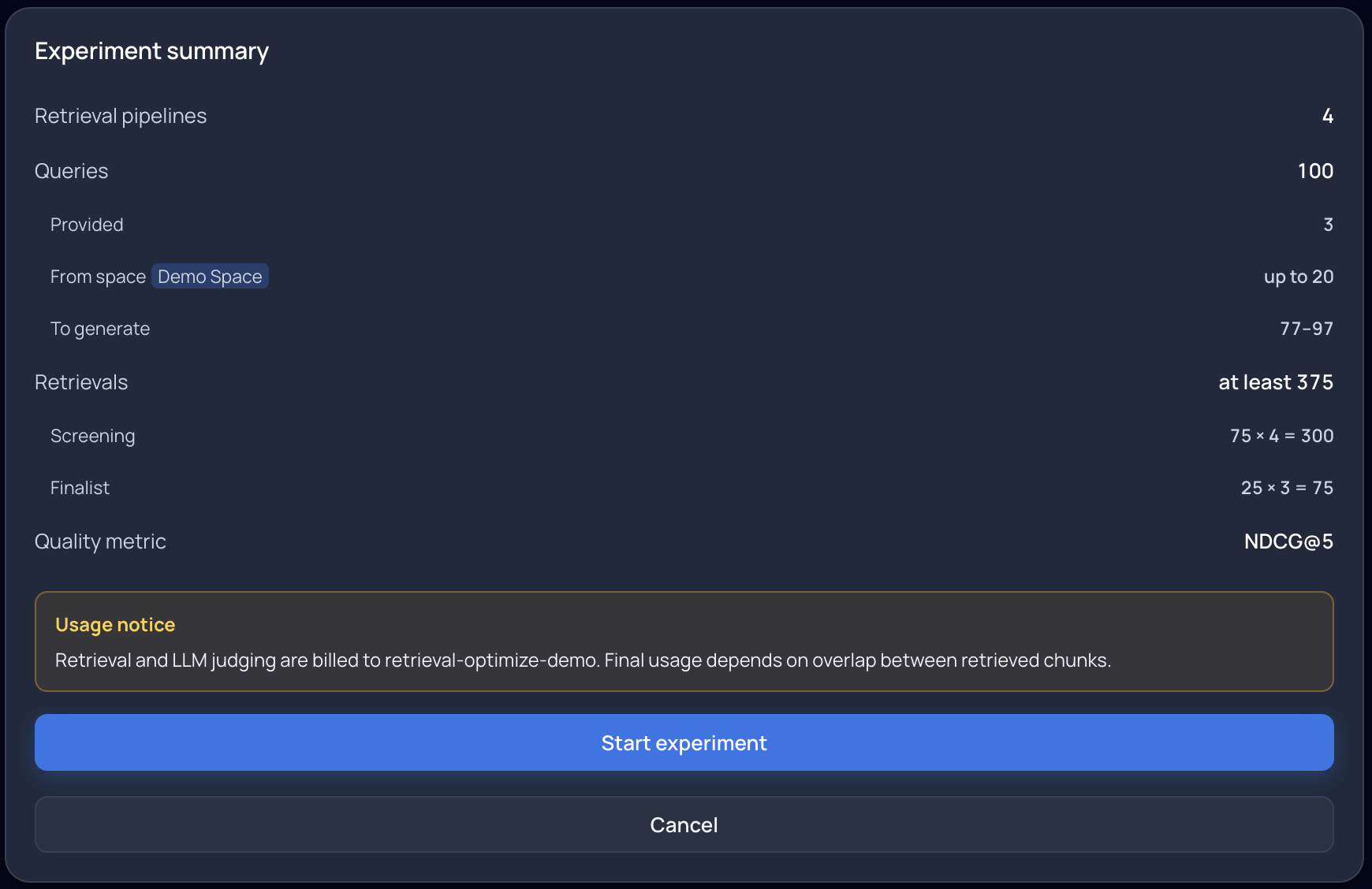 Experiment summary showing selected pipelines, query allocation, and estimated retrievals