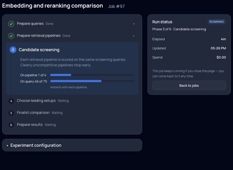 Experiment progress during candidate screening, with the Run status panel beside it