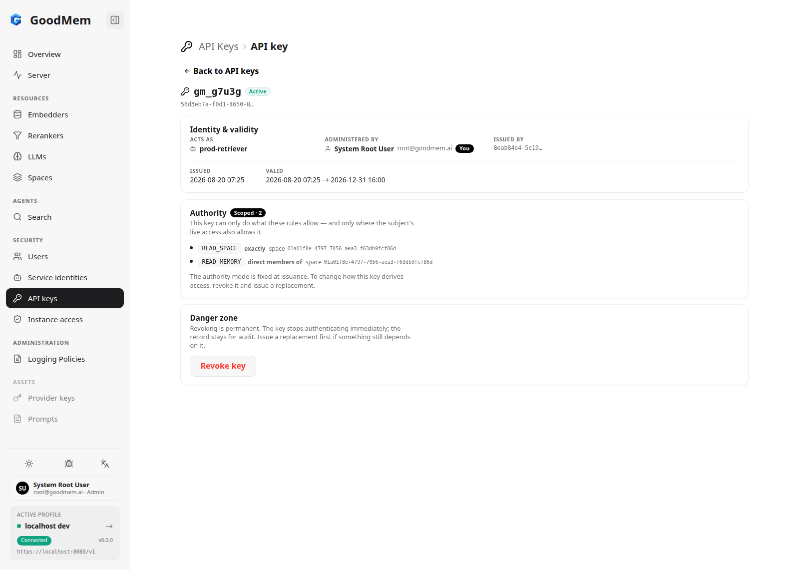 API key detail page for a scoped key acting as prod-retriever, showing two ceiling rules and a Revoke key button
