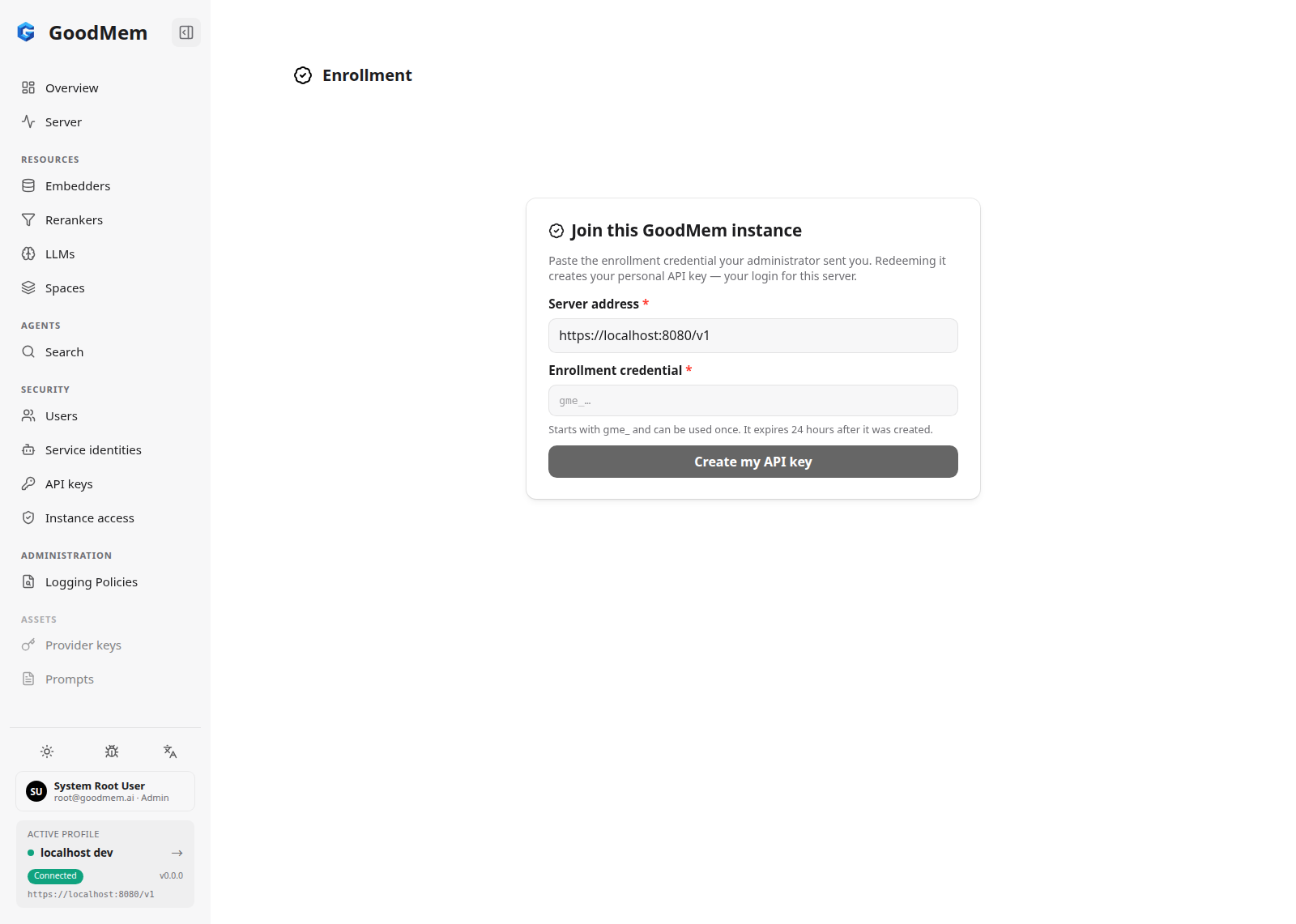 Enrollment page with a server address field and an enrollment credential field