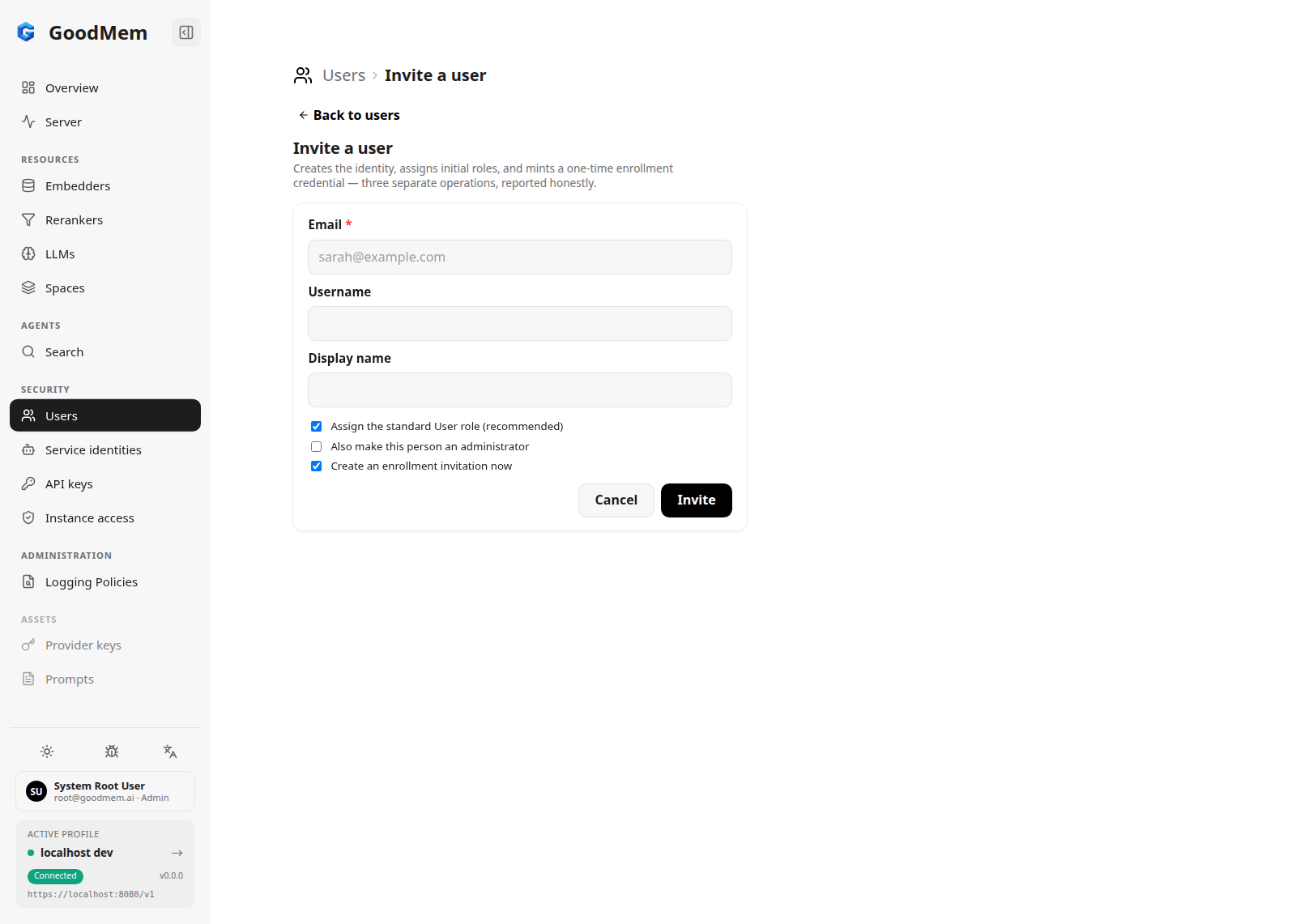 Invite a user form with email, username, and display name fields and three role and enrollment checkboxes