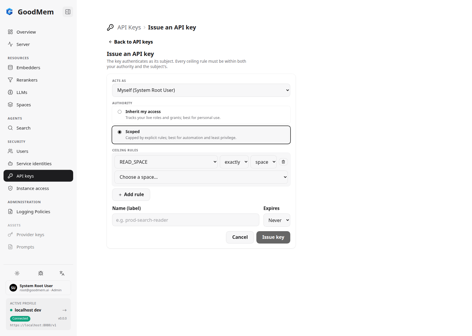 Issue an API key form with Scoped authority selected, showing a ceiling rule builder with operation, selector, and resource pickers