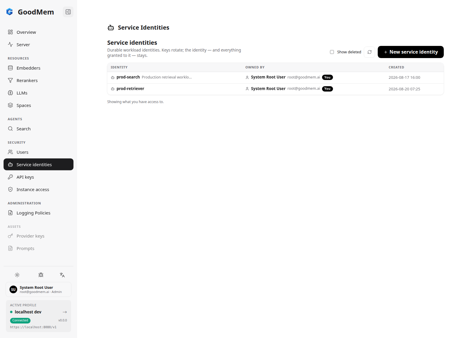Service identities list showing prod-search and prod-retriever, both owned by the root user