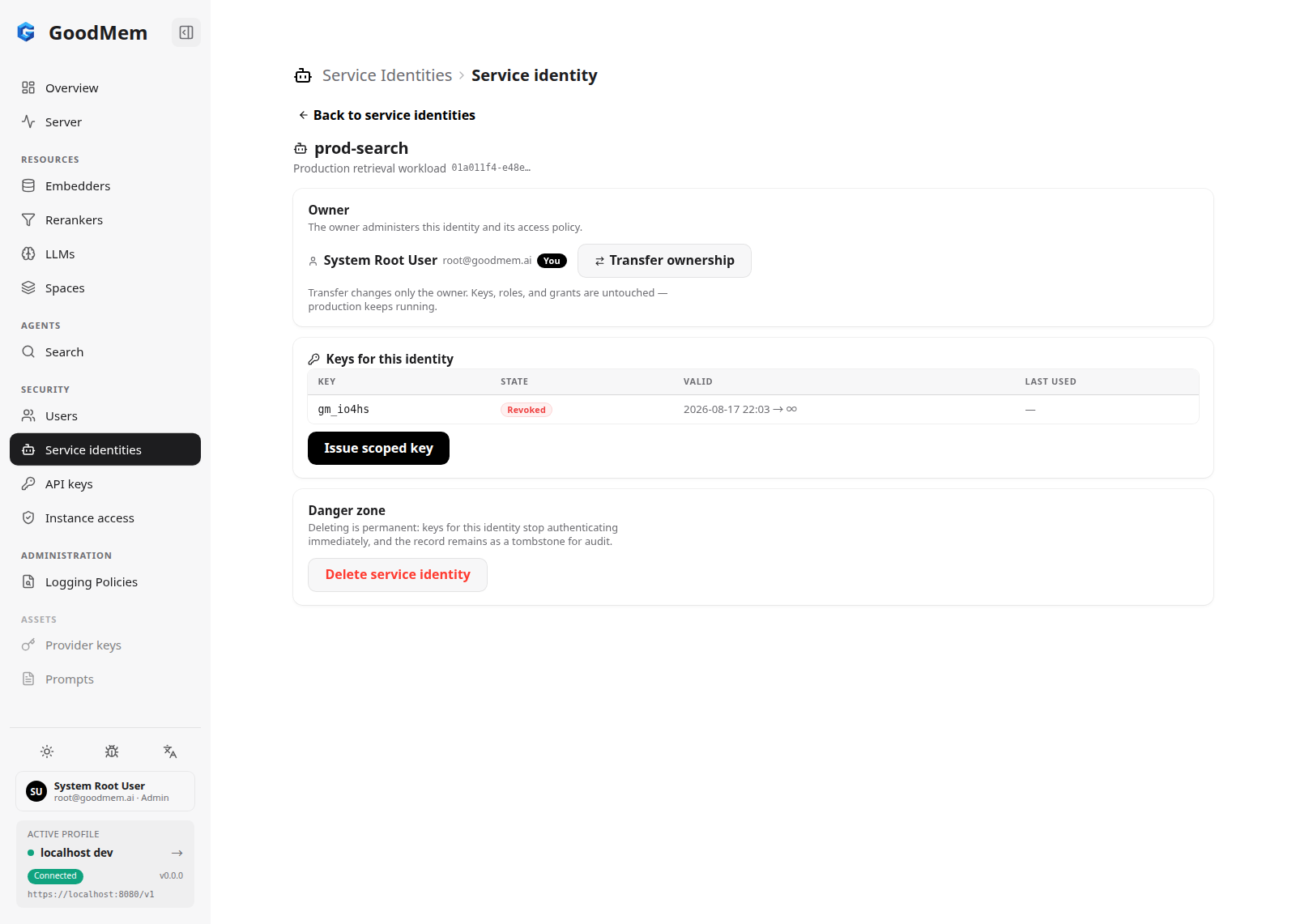 Service identity detail page for prod-search showing the owner card, a keys table with a revoked key, and an Issue scoped key button