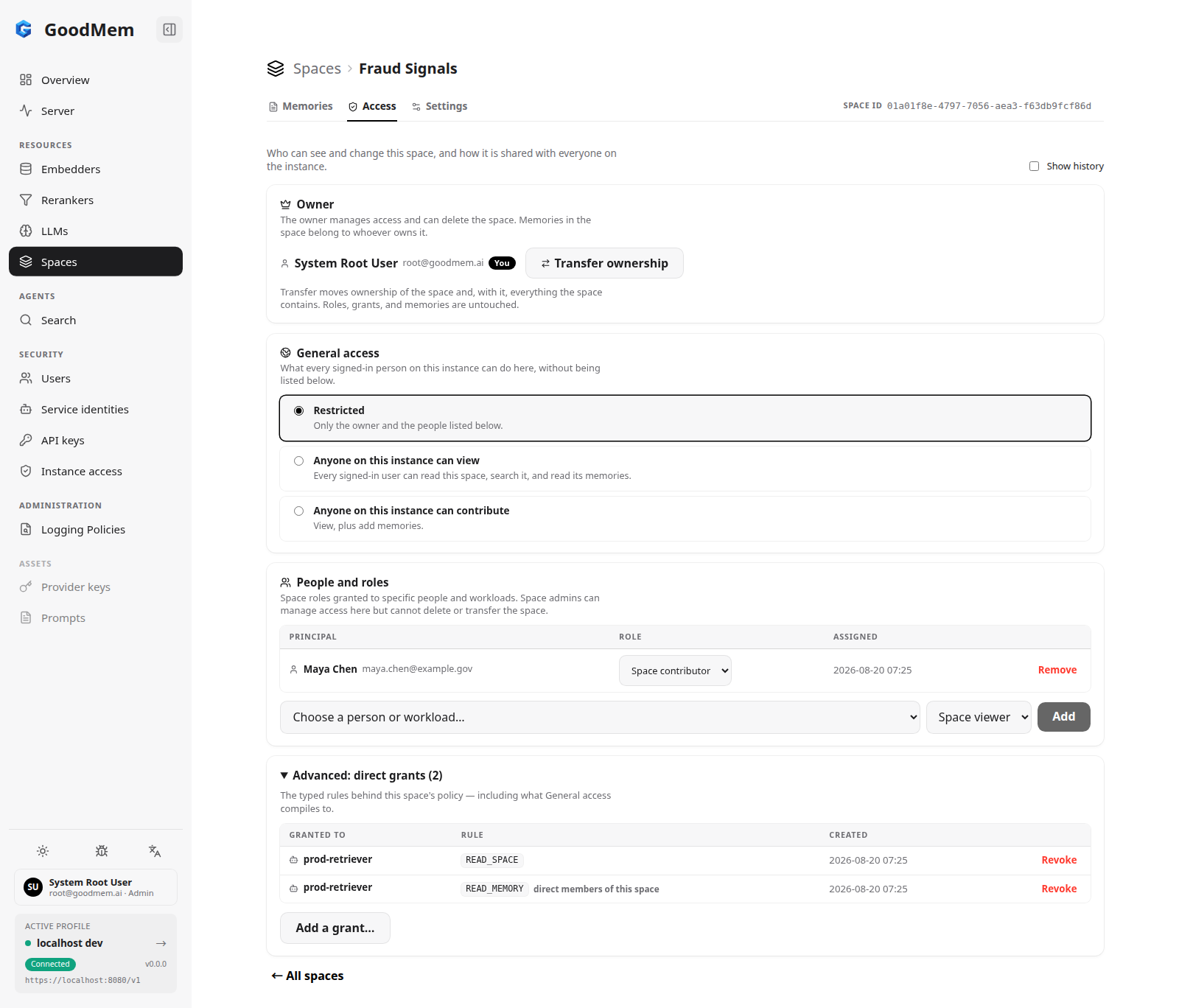 Space access page for the Fraud Signals space showing owner, general access options, a space contributor role assignment, and two direct grants for a service identity