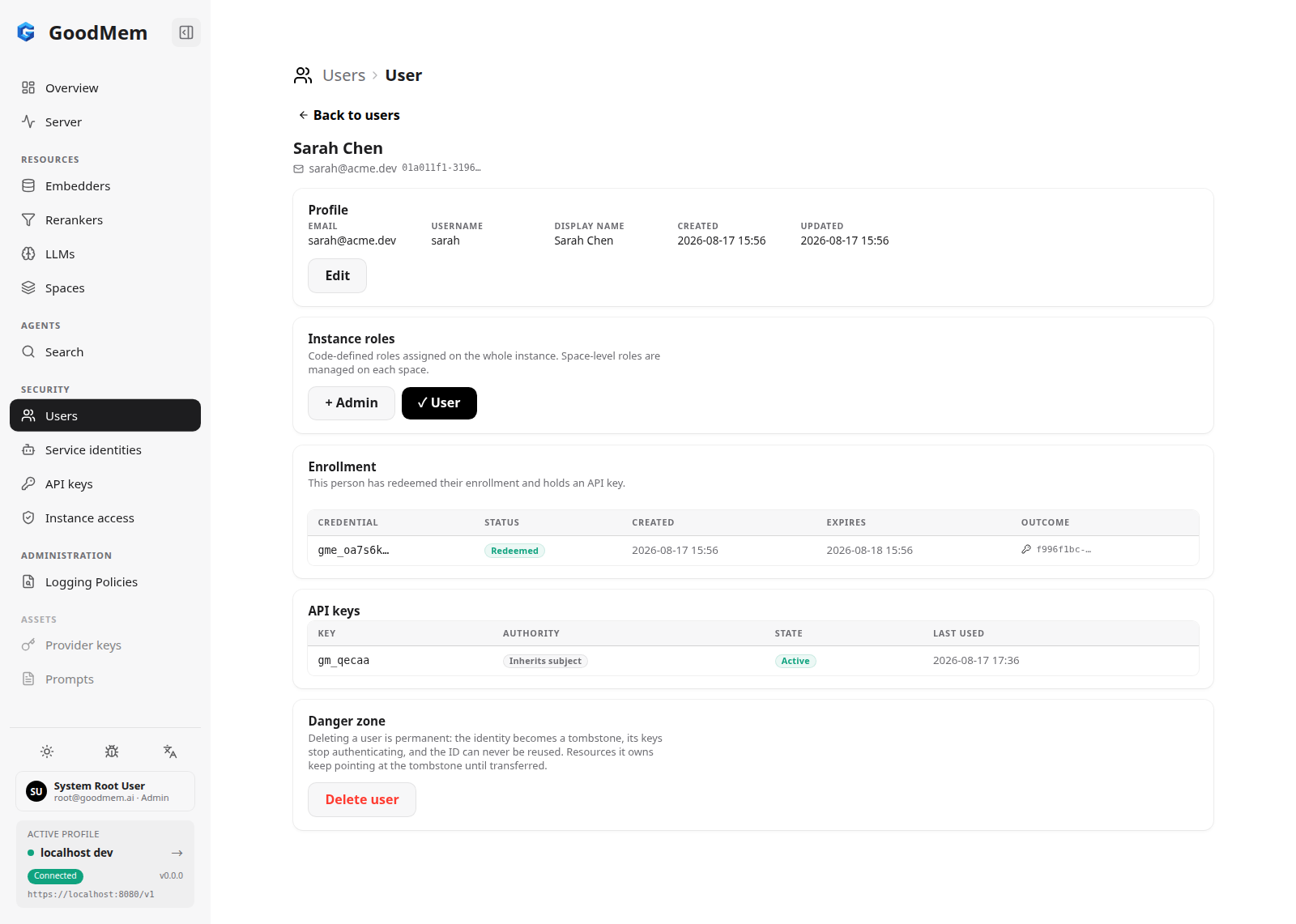 User detail page for Sarah Chen showing profile, instance role toggles, a redeemed enrollment, and one active API key