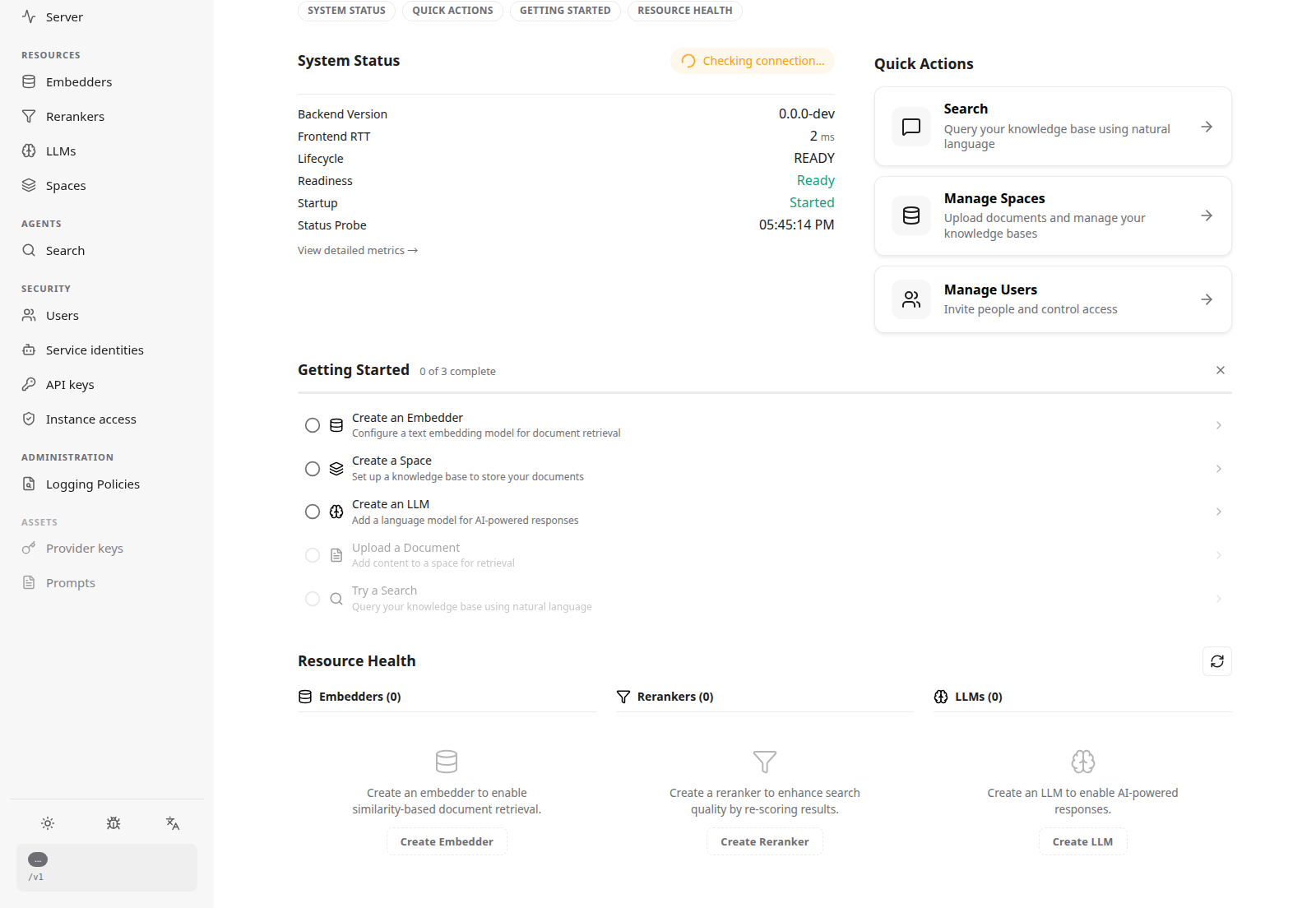 Overview page showing system checks and the resource health area
