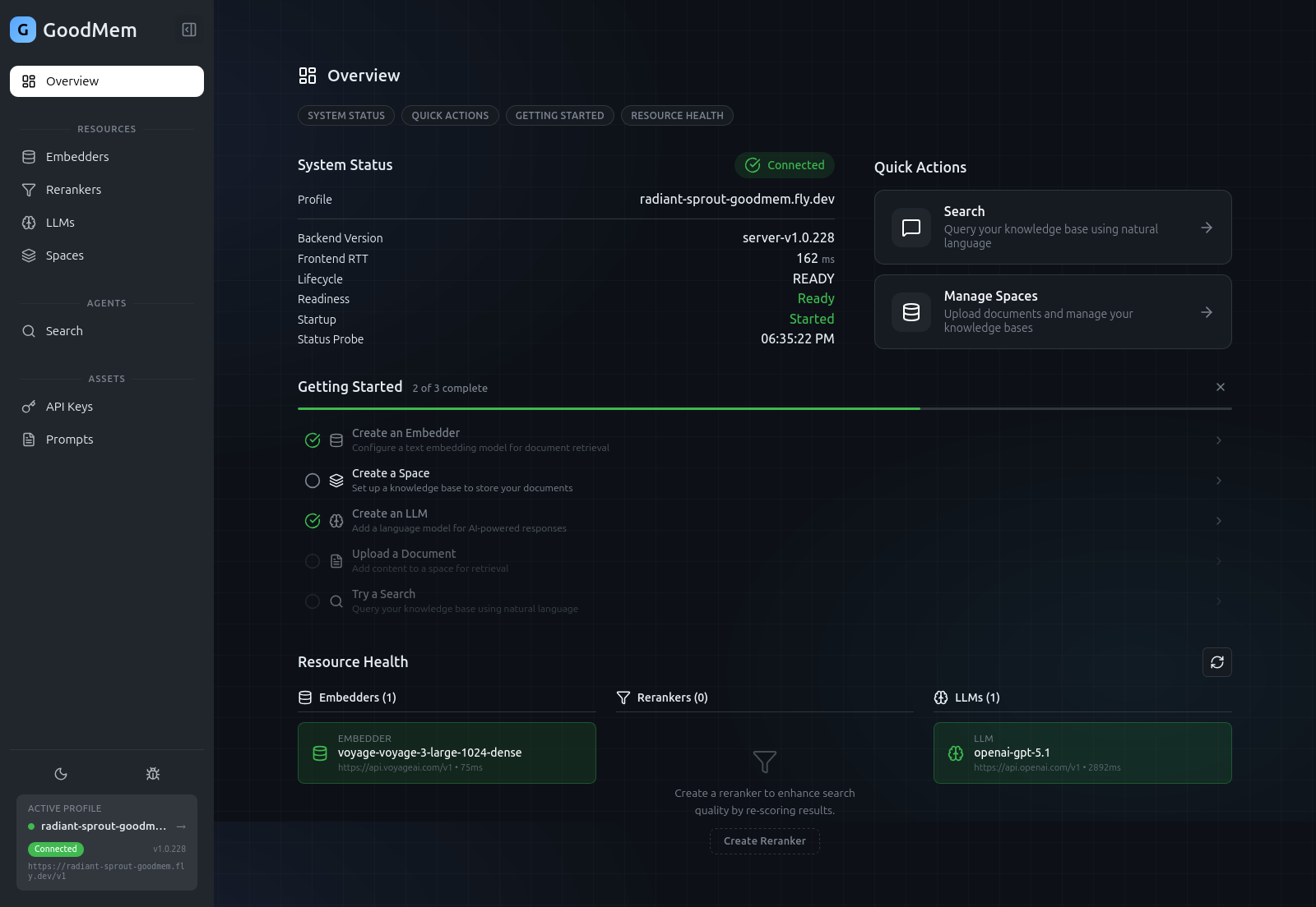 Overview page with resources registered, showing system health details and resource health status