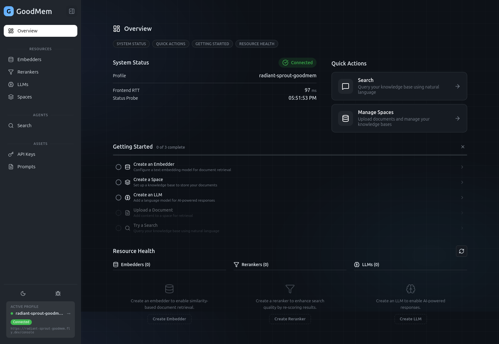 Console homepage showing the Getting Started checklist and empty Resource Health columns