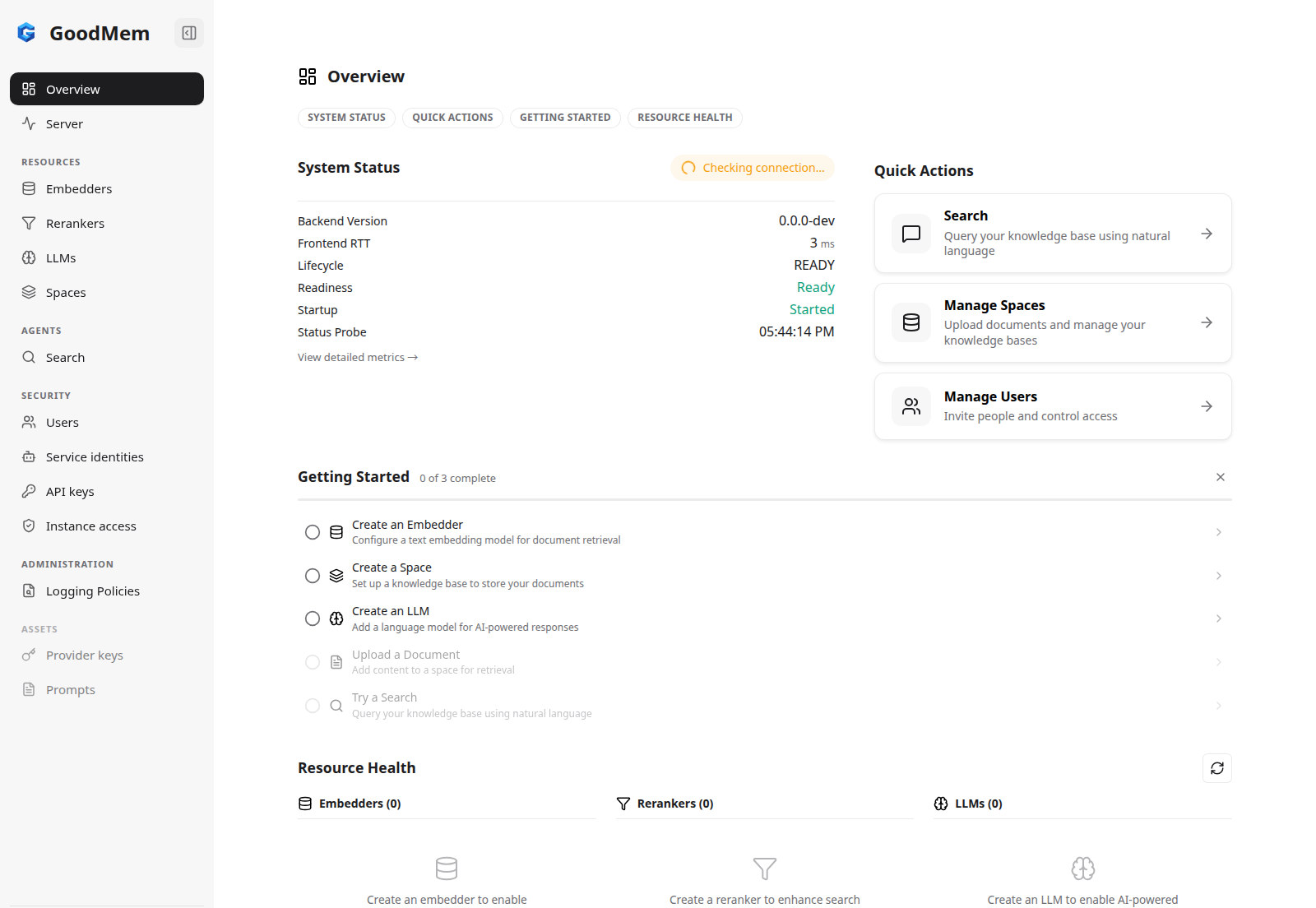 Console homepage showing the Getting Started checklist and empty Resource Health columns