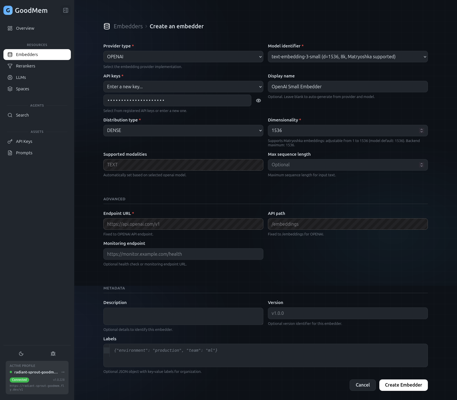 Create Embedder form filled in with an OpenAI text-embedding-3-small configuration