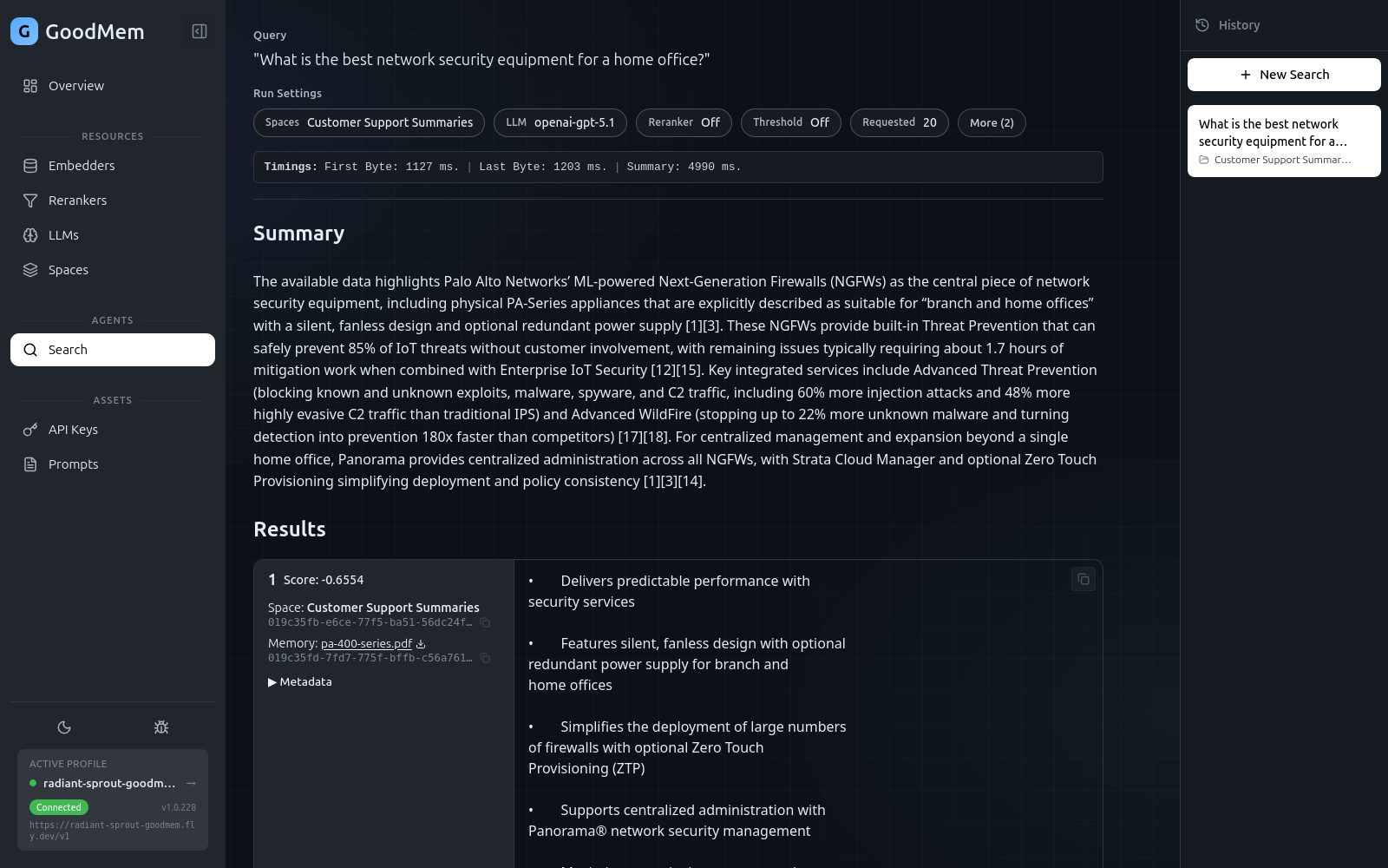 Search results showing timing metrics, an LLM-generated summary, and ranked document hits