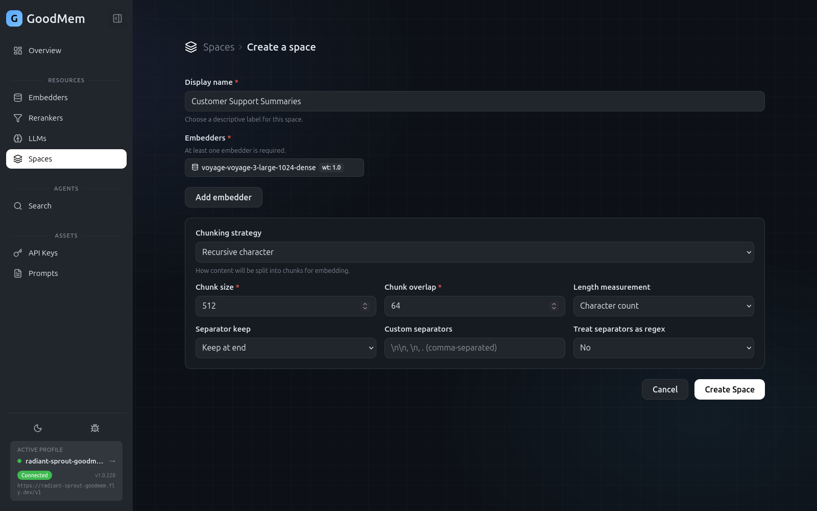 Create Space form with an embedder selected and Recursive chunking configured