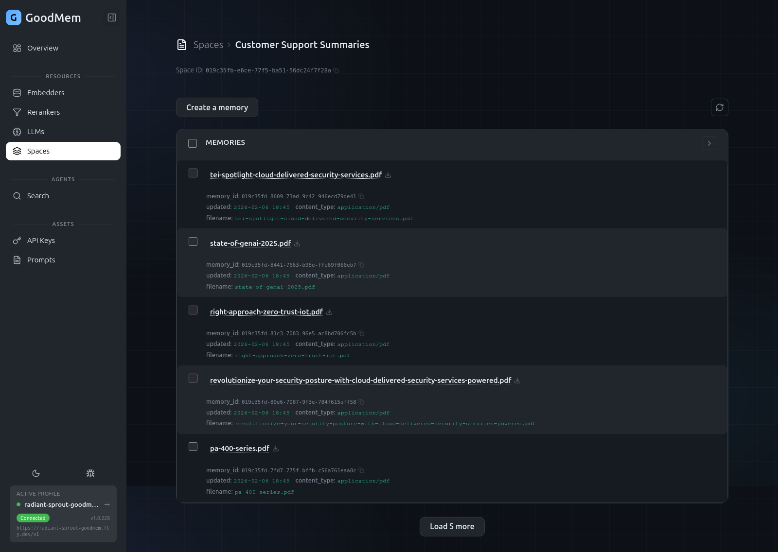 Memories list showing uploaded PDF documents with metadata and pagination