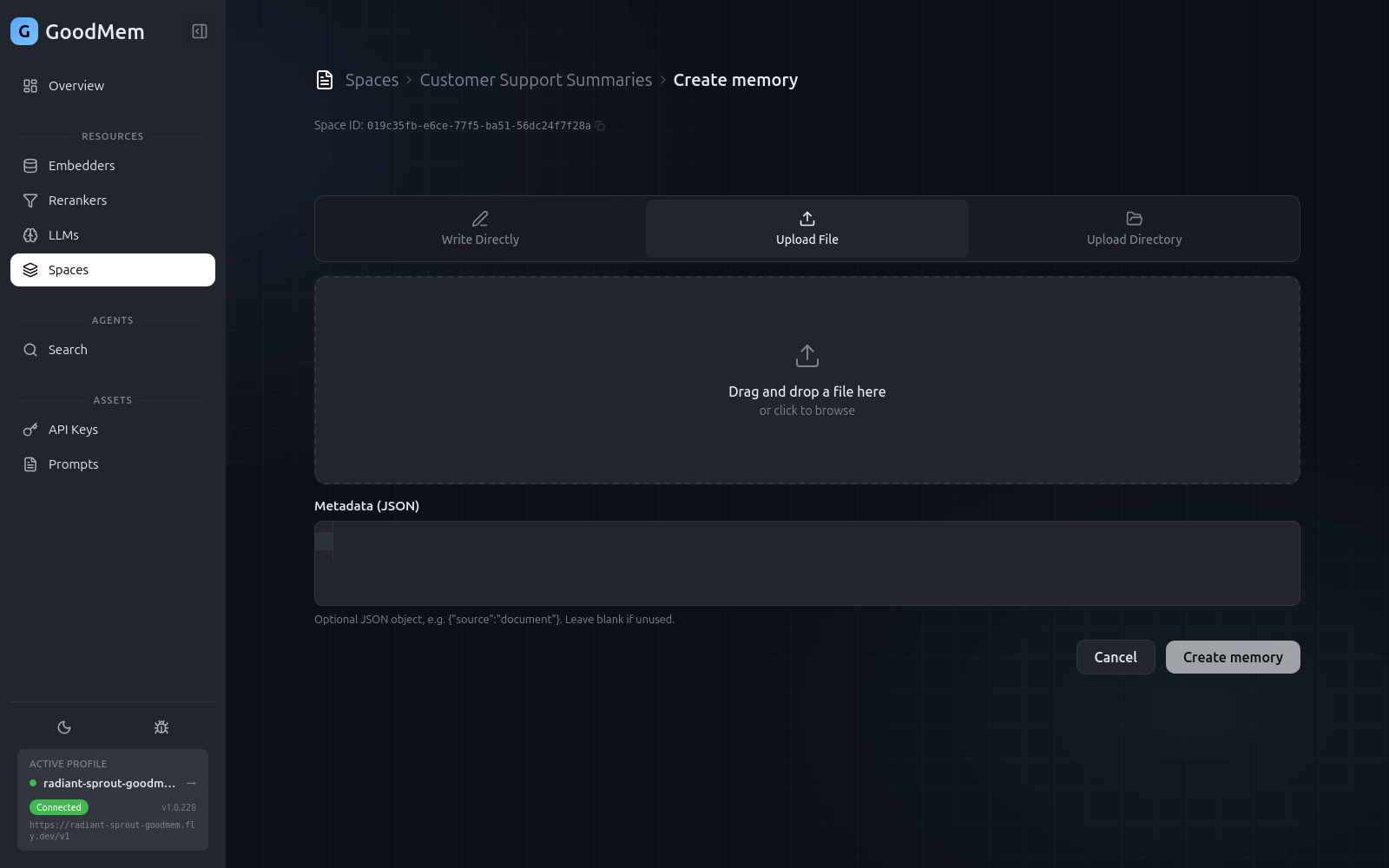 Create memory view with the file upload drop zone and metadata field